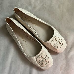 Tory Burch Women's Ballet Flats Size 9 Croc Ivory Square Toe Casual